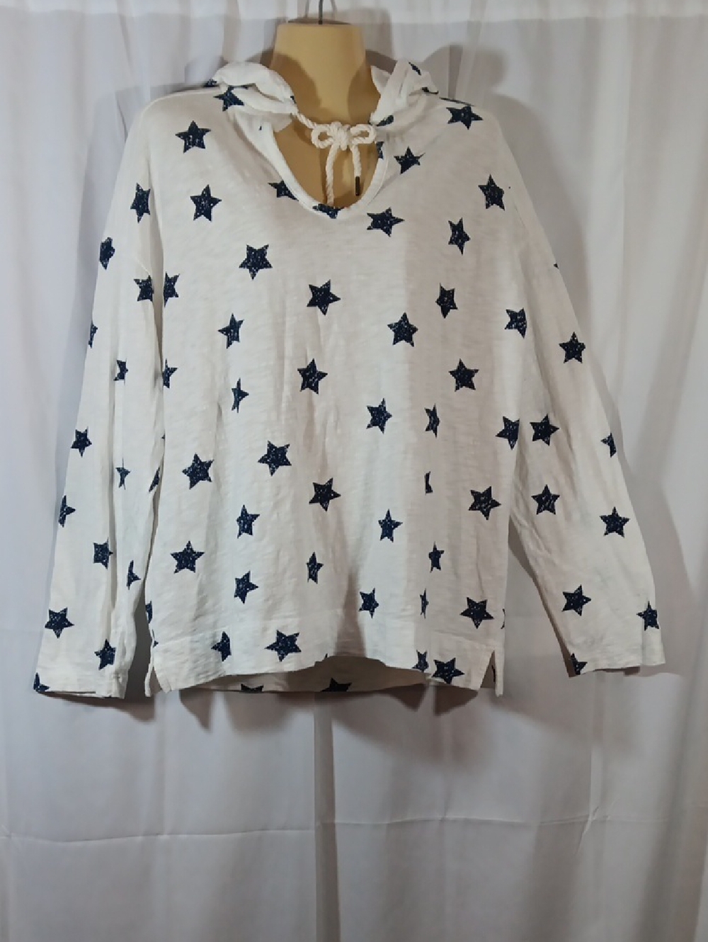 Lou & Grey Womens White Knit Hoodie Navy Blue Star Print Top Beach Coastal